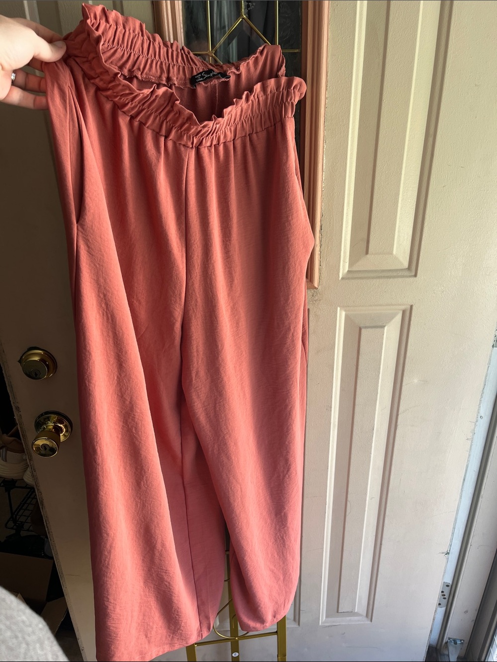 Coral-Peach Flowy Wide-Leg Elastic-Waist Pants